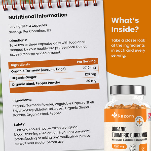 KAZORN® Organic Turmeric Curcumin 2160mg with Organic Black Pepper & Organic Ginger Capsules