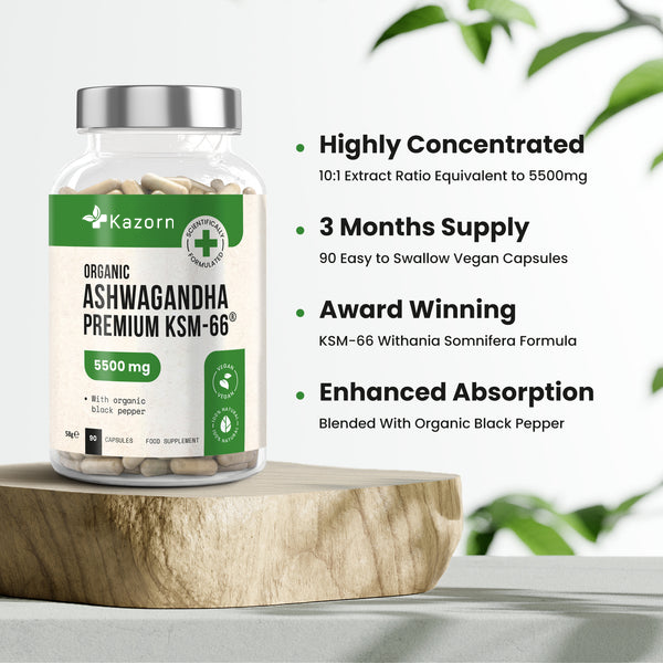 KAZORN® Organic KSM-66 Ashwagandha 5500mg with Black Pepper