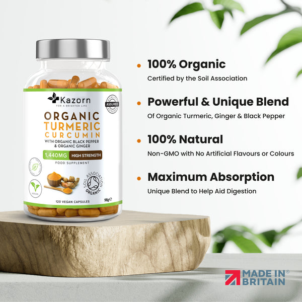 KAZORN® Organic Turmeric Curcumin 1440mg with Organic Black Pepper & Organic Ginger Capsules