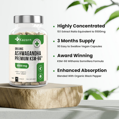 KAZORN® Organic KSM-66 Ashwagandha 5500mg with Black Pepper