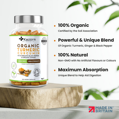 KAZORN® Organic Turmeric Curcumin 1440mg with Organic Black Pepper & Organic Ginger Capsules